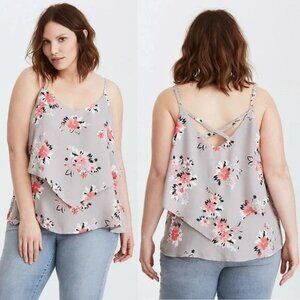 Torrid Gray Floral Tank Top with criss-cross adjustable spaghetti strap layer 1X